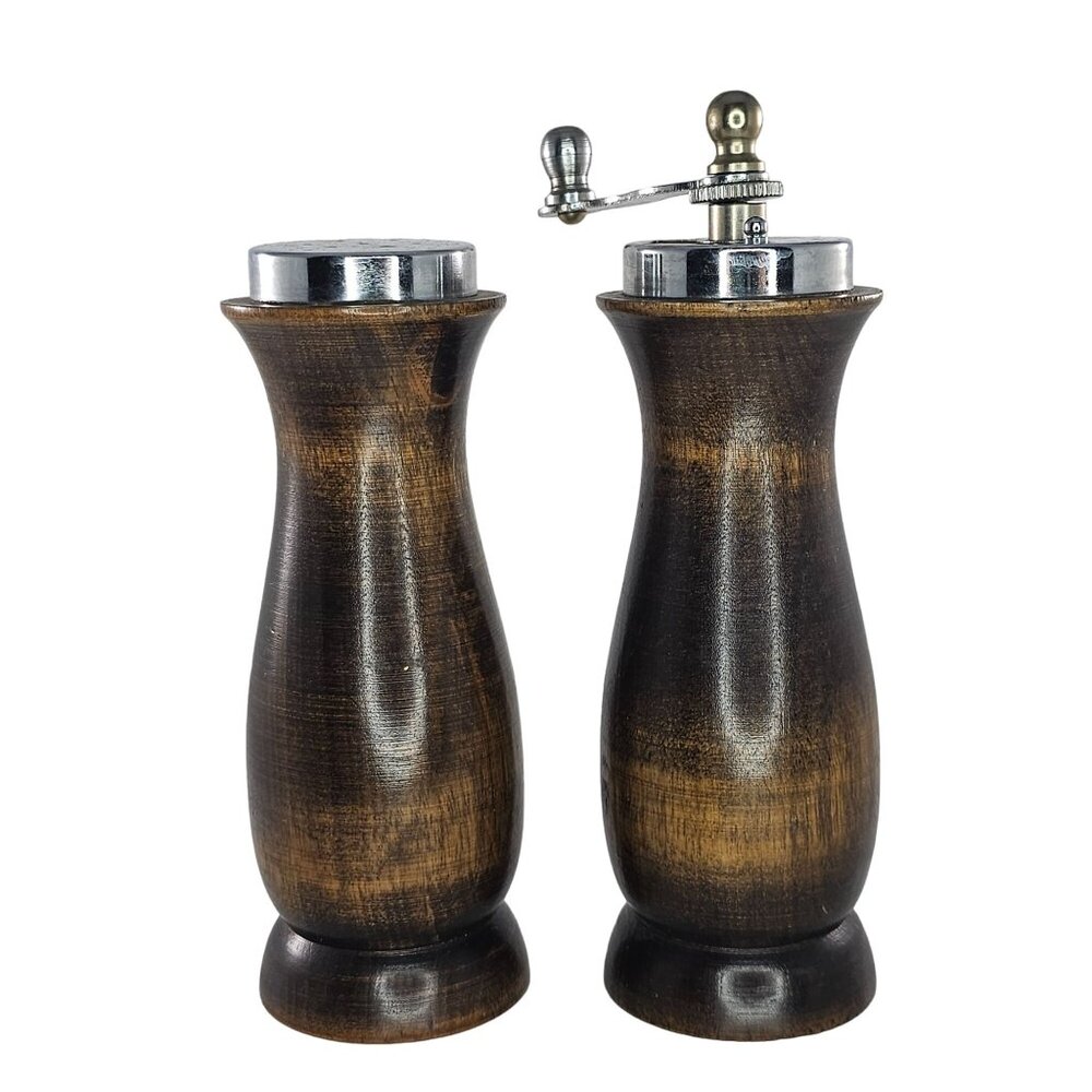 Vintage Catalina Japan Wooden Salt Pepper Grinder Set Metal Accents